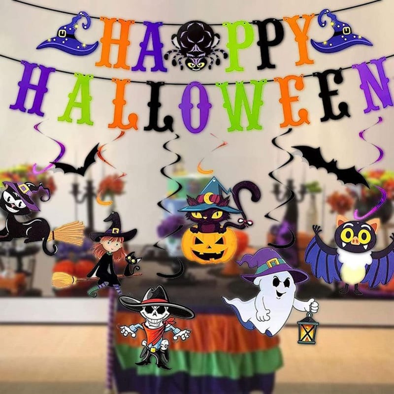 Halloween Dekor Szett: Szellemek, Denevérek, Töklámpás Zászlóval
