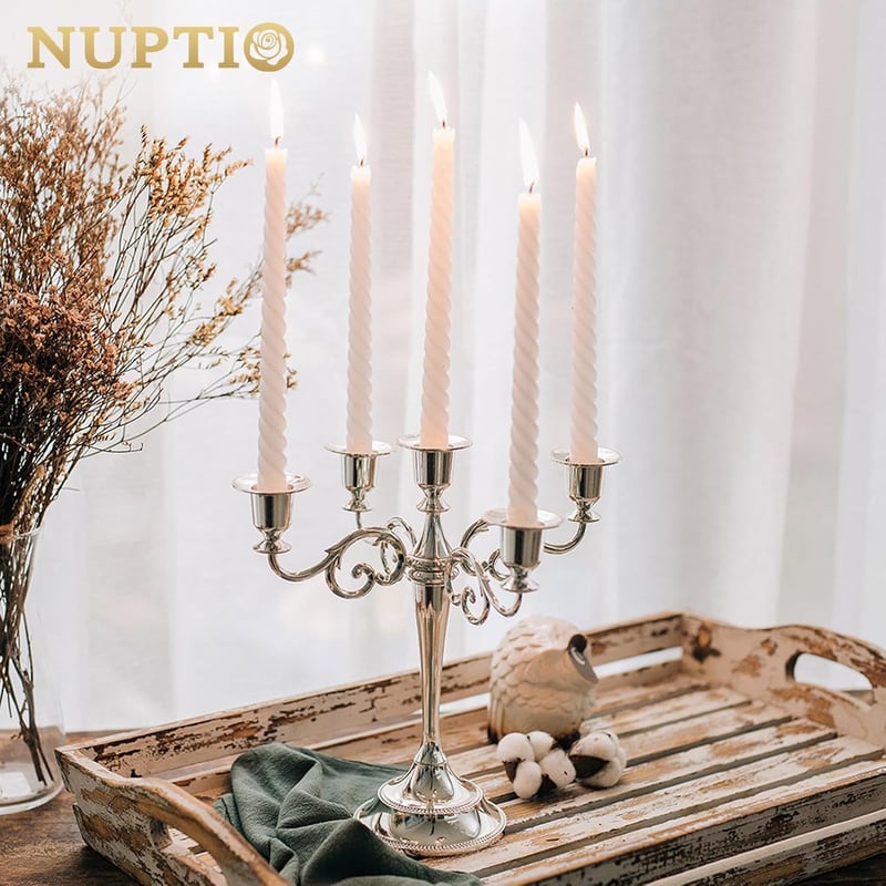 Nuptio Ezüst Gyertyatartó 5-Ágú 27 cm Magas Vintage Kandeláber Esküvői Asztaldísz Születésnapi Parti Karácsonyi Dekoráció Fém Gyertyákhoz