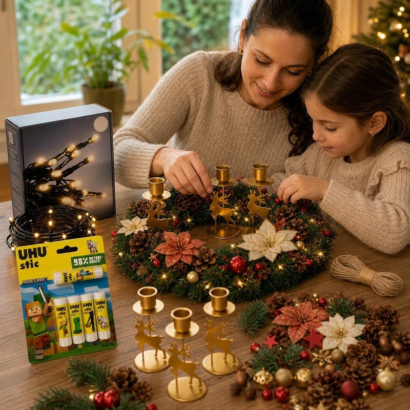 Set complet coroniță Advent: 111 decorațiuni + 4 suporturi lumânări + 120 LED-uri + 5 batoane adeziv
