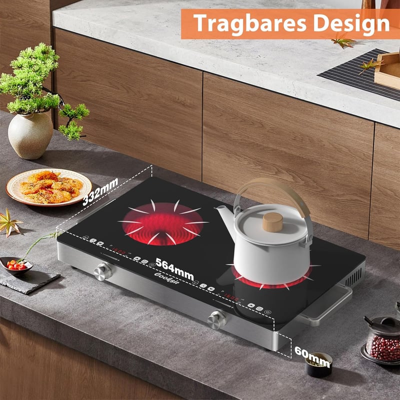 Cooksir Hordozható Üvegkerámia Főzőlap 2 Égővel - 3200W Infravörös Melegítés, Érintő/Gombos Vezérlés, 56cm, Dugós Csatlakozás

AI: I've crea