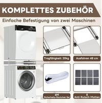 lesolar 24 Colos Univerzális Összekötő Keret Mosógép és Szárító Közé - 61x55 cm Kihúzható Acéllemez Polccal, Rögzítőpánttal 4