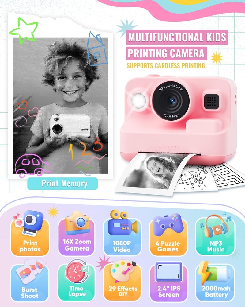 KinderKamera rózsaszín gyerek fényképezőgép 2.4" kijelzővel, azonnali nyomtatással, 32GB kártyával, 3-12 éveseknek