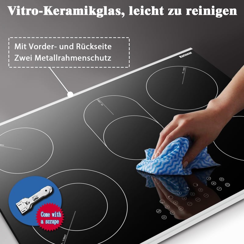 Karinear 77 cm-es Beépíthető Üvegkerámia Főzőlap 5 Zónával, 8400W, Érintőgombos, Időzítővel, Gyerekzárral, Túlmelegedés Elleni Védelemmel