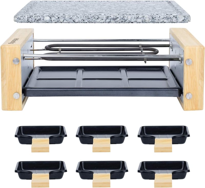 H.Koenig WOD6 raclette grillsütő 6 személyre, kőlapos, 900W, fa-inox kivitel
