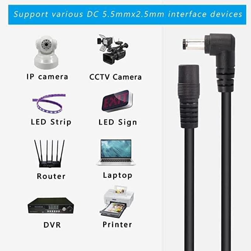 GINTOOYUN 2 db DC5525 Tápkábel Hosszabbító, 90 fokos, 1m, 18AWG, LED világításhoz, CCTV-hez, autóhoz - 5.5x2.5mm
