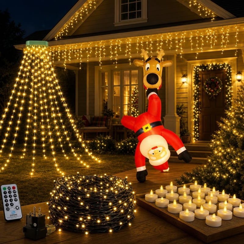Vianočný svetelný set: 400 LED reťaz + 612 LED cencúle + 180 cm Mikuláš + 24 ks LED čajových sviečok