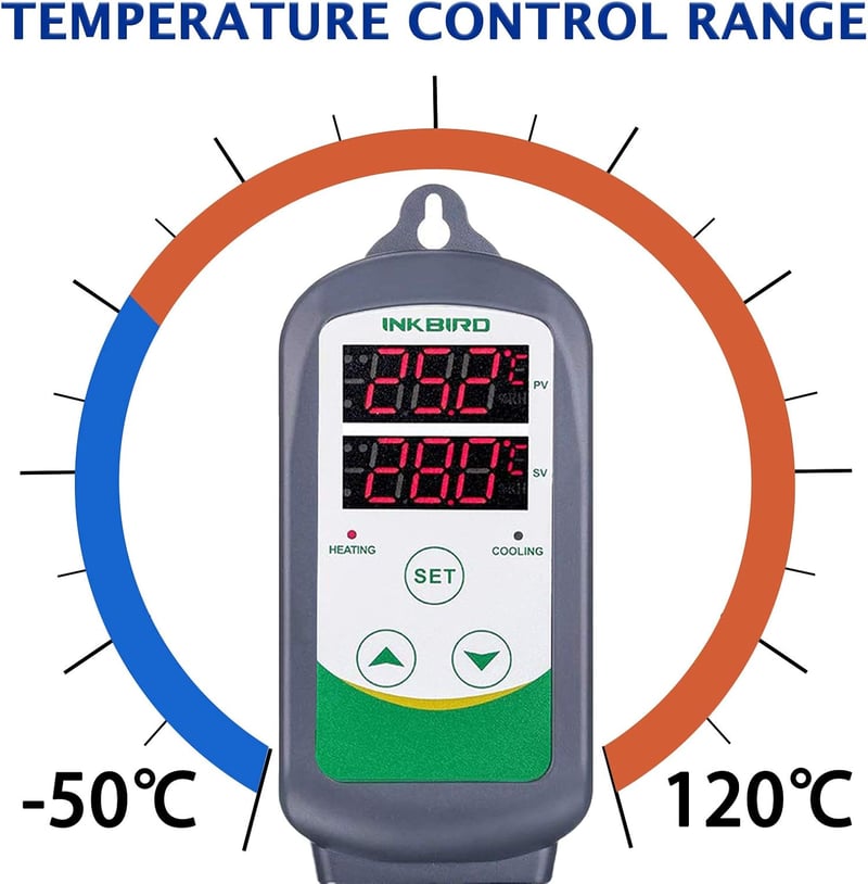 Inkbird ITC-308 Digitális Hőmérséklet Szabályozó Szenzorral, Fűtés-Hűtés Kapcsoló, 230V Termosztát, 2200W Teljesítmény, 2m IP68 Szonda