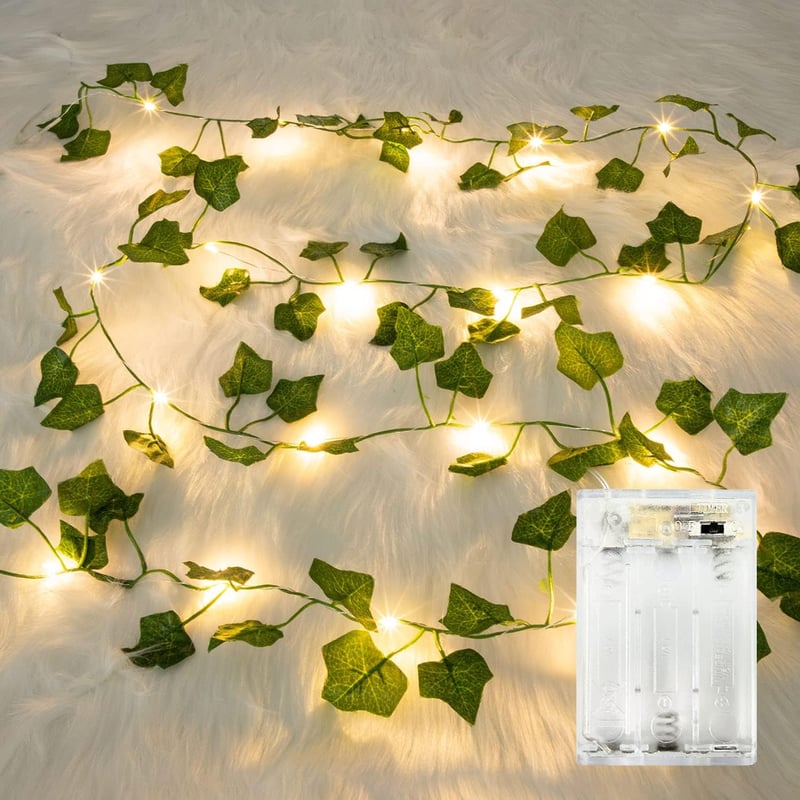 HUIYOU LED Tündérfény Műborostyán Girlanddal - 2m, 20 LED, Meleg Fehér, Időzítővel, Elemes - Beltéri Dekoráció Esküvőre, Partikra