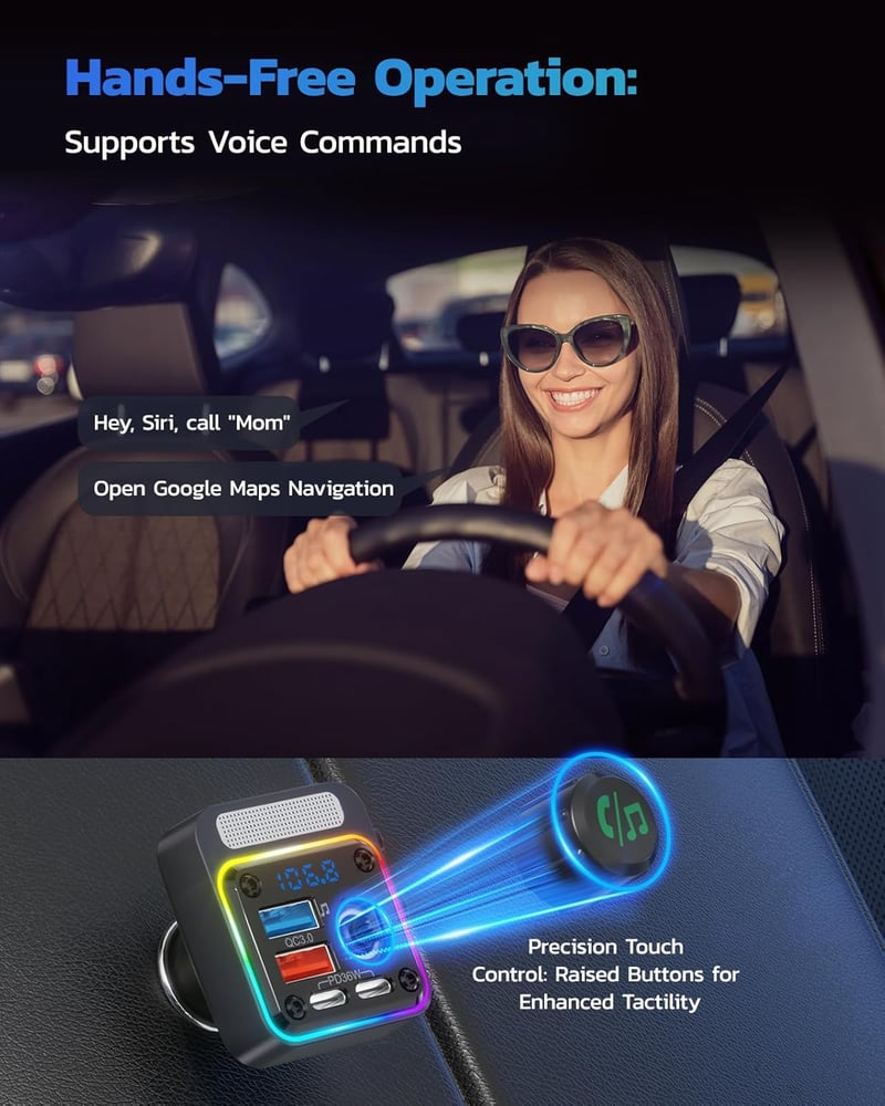Nulaxy 54W Bluetooth 5.3 FM Transzmitter Autóba - 4 Töltőporttal (PD 36W & QC3.0 18W), 5 Színű LED Háttérvilágítás, Mélyhangzású Lejátszó, K
