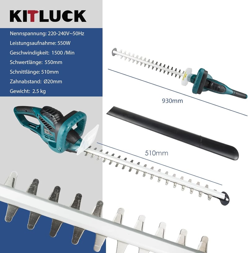 KITLUCK 550W Elektromos Sövényvágó, 510mm Vágáshossz, Védőtokkal