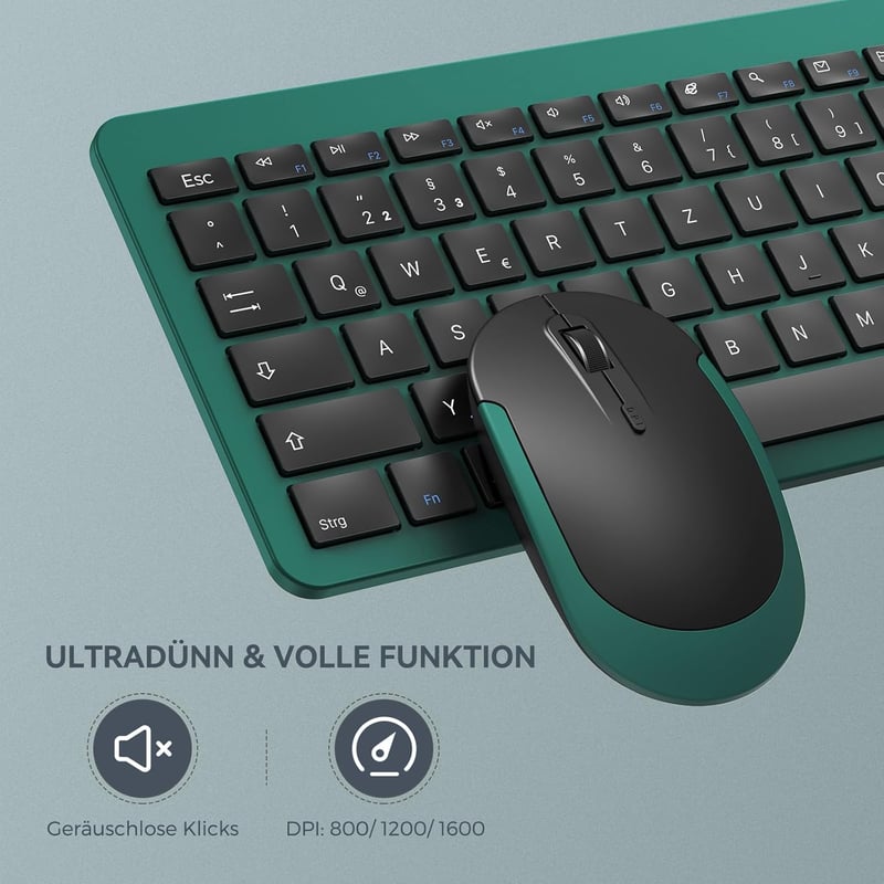 seenda Vezeték Nélküli Billentyűzet-Egér Szett, Újratölthető, Ultravékony, Ergonomikus, Szilikon Porvédővel, PC/Laptop/Smart TV, Német QWERT