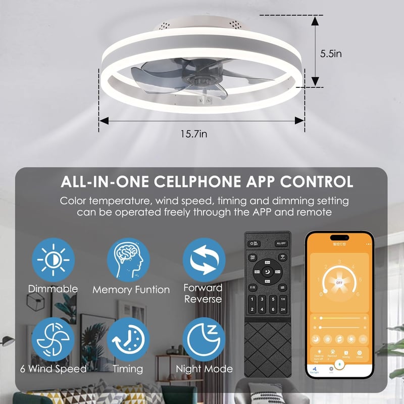 MOSSCO Mennyezeti Ventilátor LED Világítással, 40 cm, Távirányítós, Applikációval Vezérelhető, 3 Fényerő, 6 Sebességfokozat, Csendes Működés