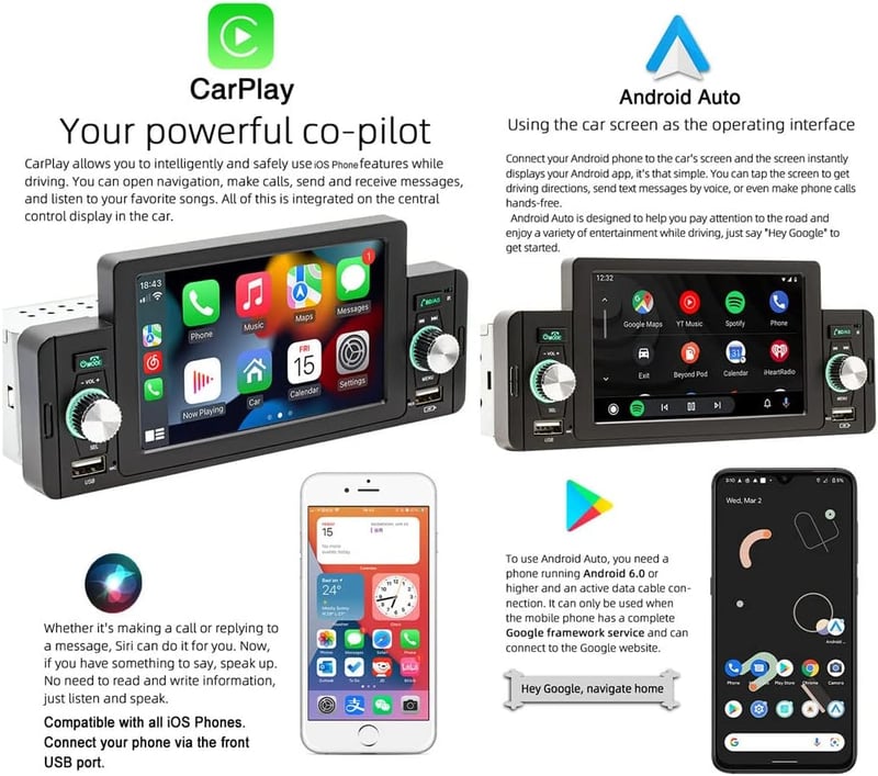 BOOMBOOST 1Din Autórádió 5" Érintőképernyővel - Apple CarPlay, Android Auto, Bluetooth Kihangosító, USB, FM, Kormányvezérlés, Tükrözés