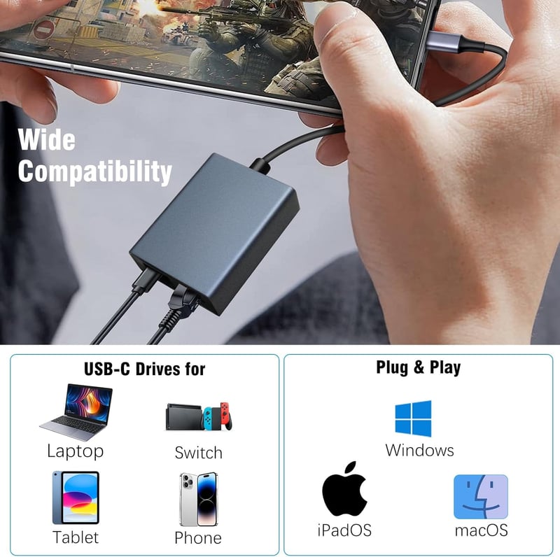 RUIZHI 100W USB-C Ethernet Adapter - Gigabit RJ45 Hálózati Csatlakozó és Gyorstöltő Chromecast, Telefon, MacBook és Windows Eszközökhöz