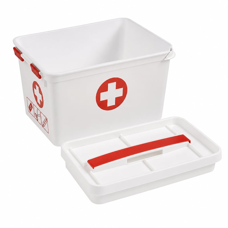 Sunware Q-line Elsősegély Tároló Doboz Betéttel 22 L – 40x30x26 cm – Használt, törött peremű sarok – Otthoni és (állapot: lásd a 2. képet)