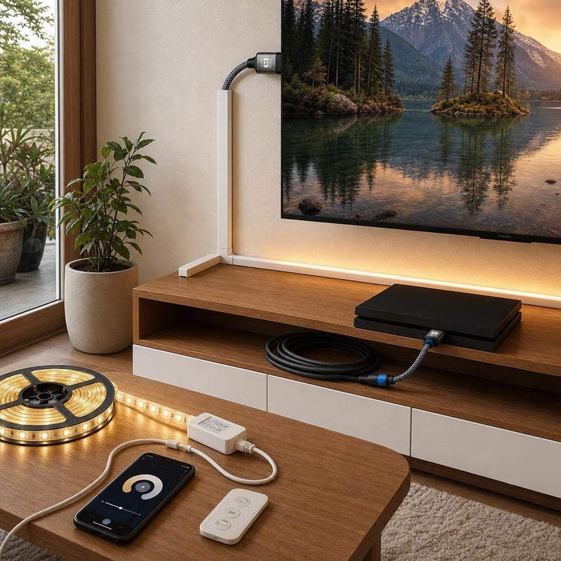 Set pre čistý TV kútik: 1x HDMI kábel + 10m predlžovačka + lišty + 6m LED pásik