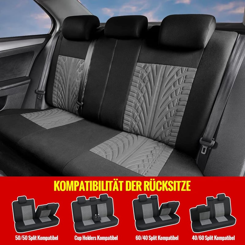 AUTOYOUTH Univerzális Autó Üléshuzat Szett - Szürke Teljes Garnitúra Ülésekhez, Légáteresztő Poliészter, Osztott Hátsó Üléshez, Mosható