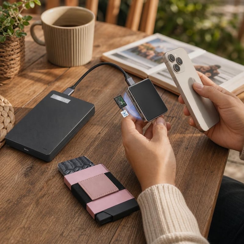 Fotómentő merevlemezcsomag: USB külső merevlemez + 5 az 1-ben kártyaolvasó/SSD-ház + RFID kártyatartó