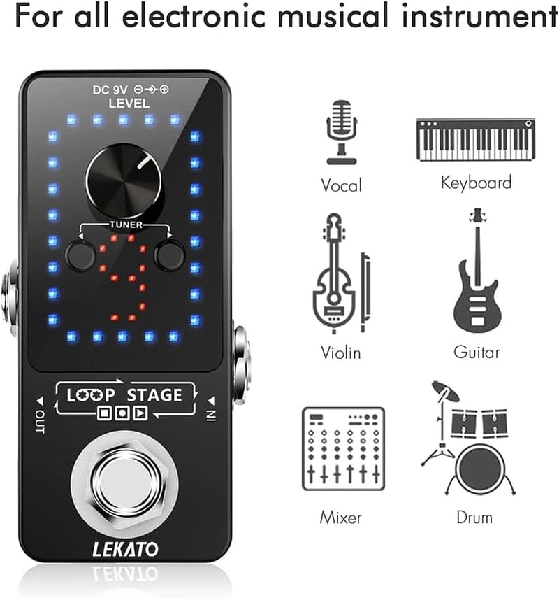 LEKATO Gitár Looper Pedál 9 Hurokkal, 40 Perces Felvételi Idővel, Beépített Hangoló, Korlátlan Overdub Funkció Elektromos Gitárhoz és Basszu