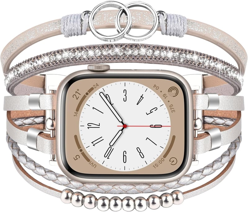 VISOOM Boho Gyöngyös Bőr Szíj Apple Watch 42mm/44mm/45mm/49mm Órához - Női Divatos Kétrétegű Karkötő Series 10/9/8/7/SE Kompatibilis