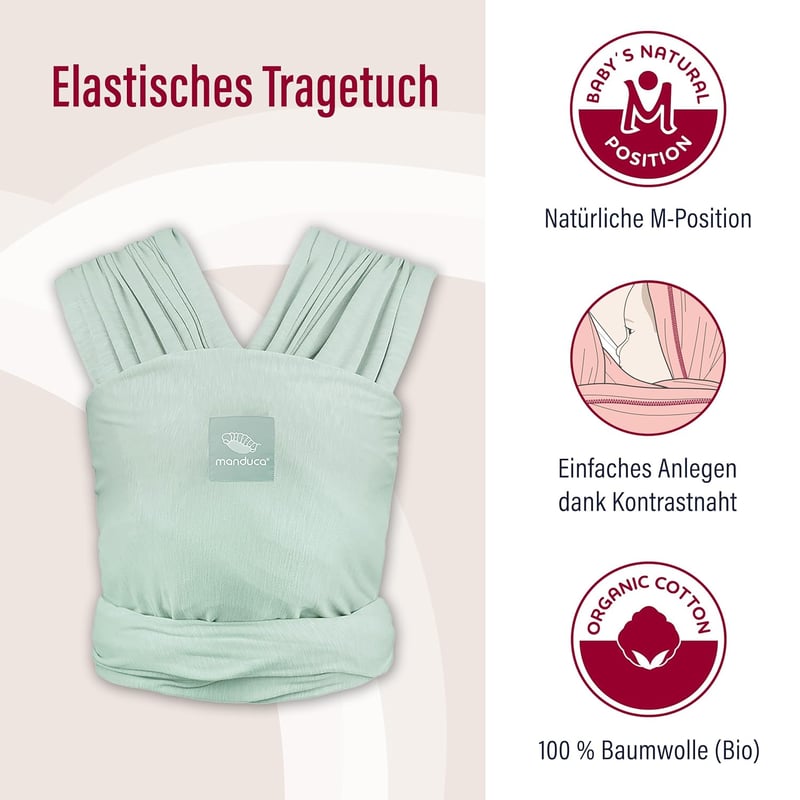 manduca Sling Rugalmas Babahordozó Kendő Újszülötteknek 3,5 kg-tól 15 kg-ig, Puha Bio Pamut Jersey Anyagból, Univerzális Méret, Menta Színbe