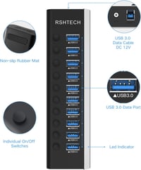 RSHTECH USB 3.0 Hub 10 Port Aktív Alumínium Elosztó 36W Tápegységgel 8