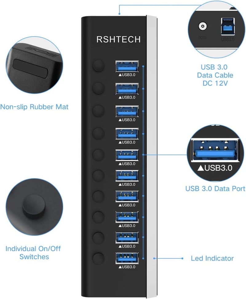 RSHTECH USB 3.0 Hub 10 Port Aktív Alumínium Elosztó 36W Tápegységgel