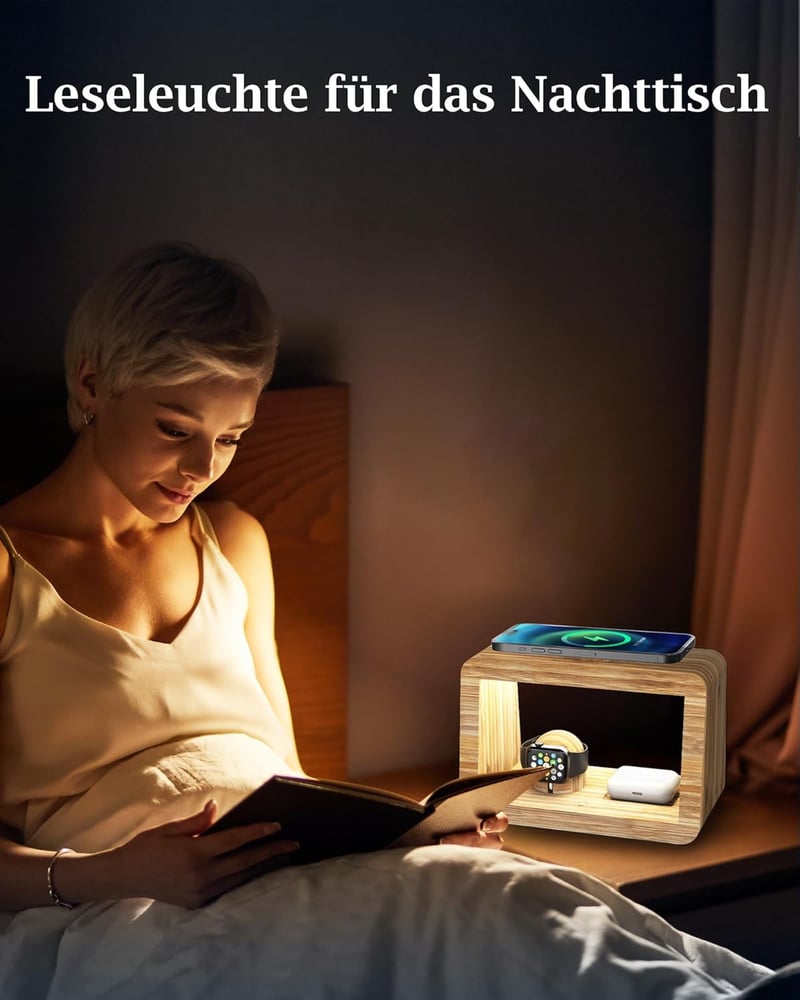 Alltripal 4 az 1-ben Vezeték Nélküli Töltőállomás Éjjeli Lámpával - iPhone, Apple Watch, AirPods Töltő Bambusz Dizájnnal