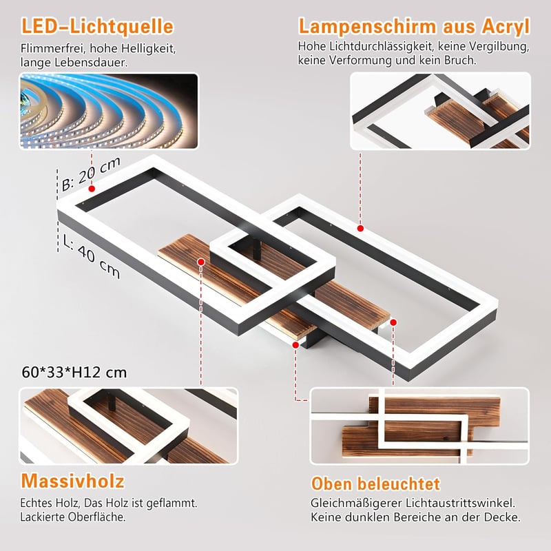 SEATAIN Fa Mennyezeti Lámpa - Fekete Téglalap 48W LED, Távirányítós, Fényerőszabályozható, 3000K-6000K, 4800lm, Éjszakai Fény Funkcióval