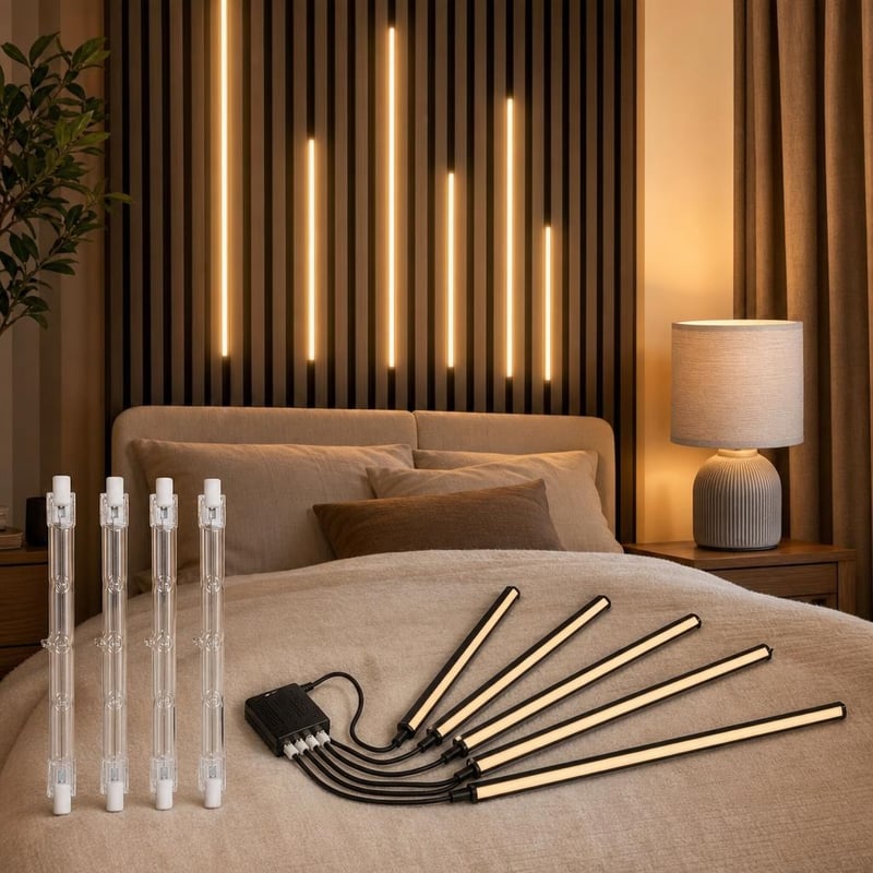 Balík Večerná pohoda: 4x stmievateľná žiarovka R7s + 6x LED pásik + stolná lampa s textilným tienidlom