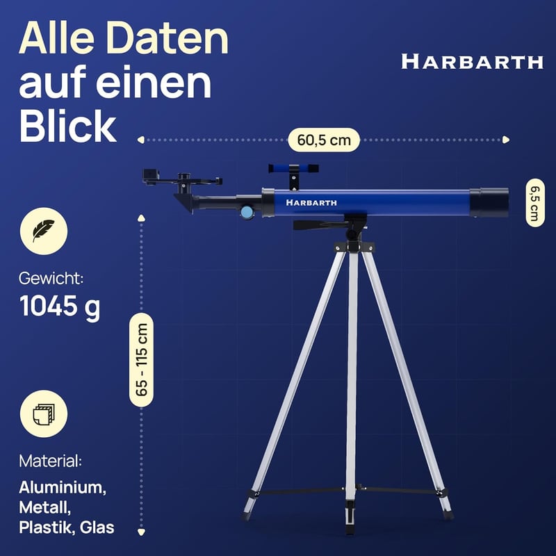 HARBARTH Csillagászati Távcső 50mm Objektívvel - 50x/100x Nagyítás, Okostelefon Adapterrel, Állvánnyal - Kezdő Csillagászoknak, Bolygók és C