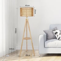 Rayofly Fa Állólámpa Polccal - Vintage Rattan és Lenvászon Lámpaernyővel, Tripod Állvánnyal, Bohém Stílusú Világítás Nappaliba, Hálószobába, 6