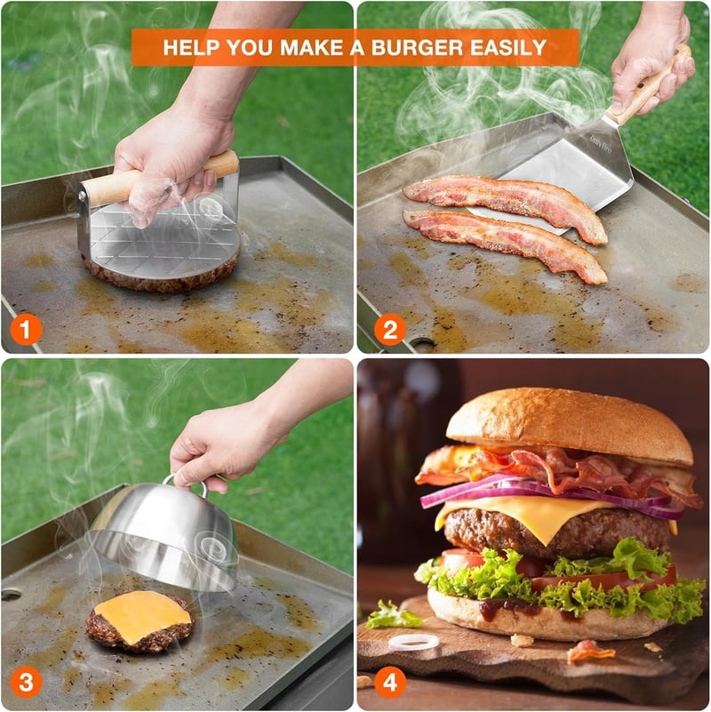 OnlyFire 4 részes rozsdamentes acél hamburger grillkészlet - Kerek húsprés, lapát és 2 burgerforma