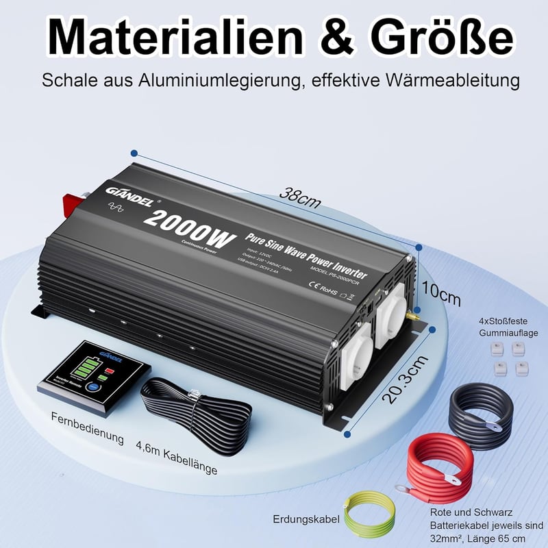 GIANDEL 2000W tiszta szinuszos inverter – 12V–230V feszültségátalakító autóba, lakóautóba és teherautóba, távirányítóval és USB csatlakozóval