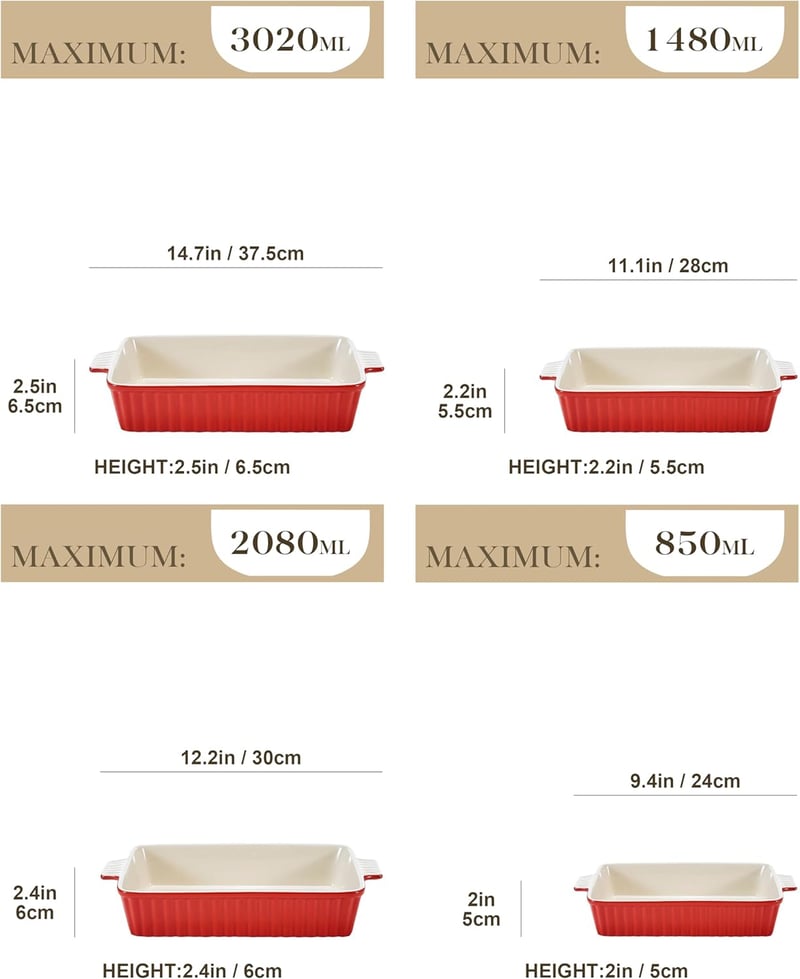 MALACASA 4 részes piros porcelán sütőtál készlet, kerek forma, tapadásmentes, fagyasztható, mosogatógépben mosható, hőálló tálak 9-13,3" mér