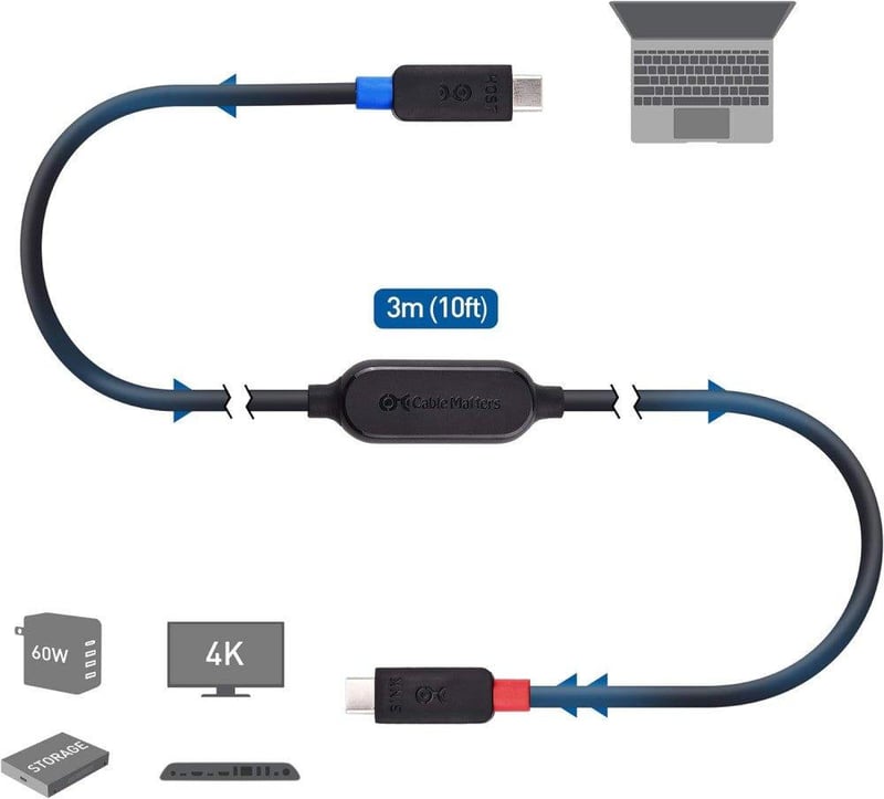 Cable Matters 3m-es Aktív USB-C Kábel 4K Videóhoz és 60W Töltéshez