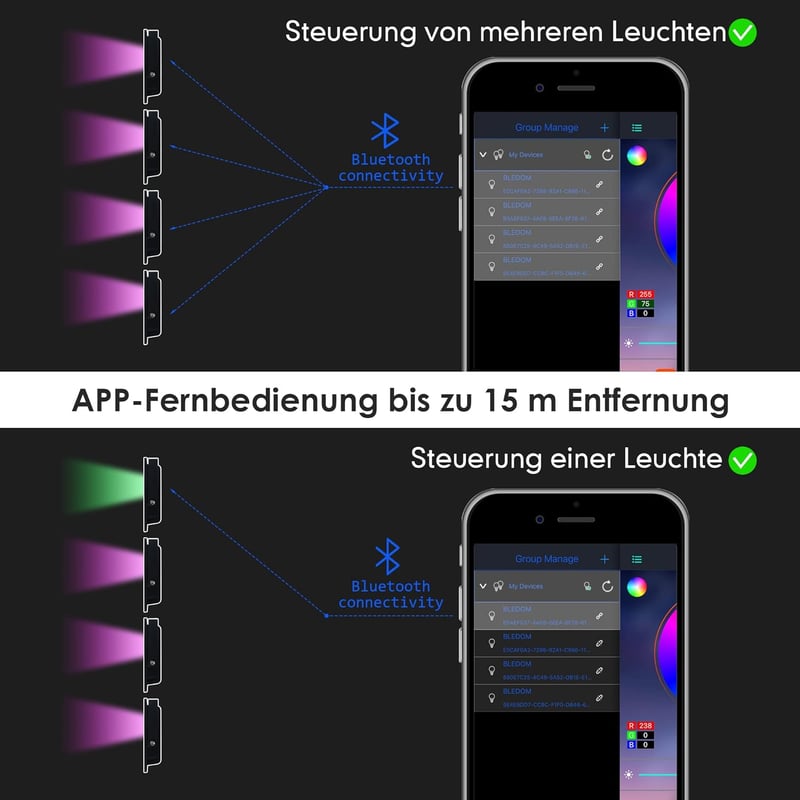 OUSIDE RGB LED Reflektor Szett, 2 db 100W Bluetooth Kültéri Világítás, IP66 Vízálló, 15000 Lumen, Színváltós Hangulatfény Kertbe, Erkélyre