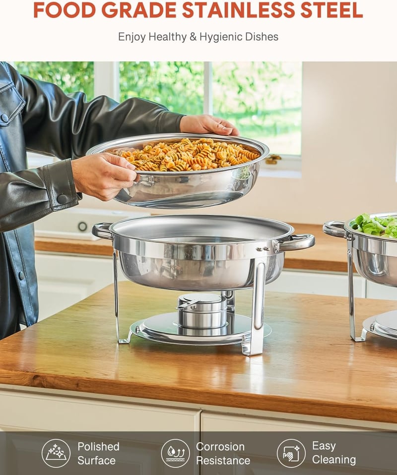 Wilprep 5L Rozsdamentes Acél Ételmelegítő Szett - 4 db Kerek Chafing Dish Melegentartó Tál Rendezvényekhez és Partikhoz