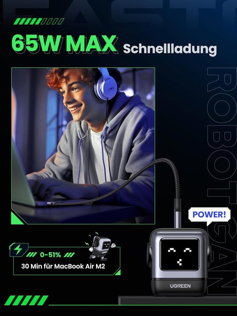 UGREEN Nexode RG 65W GaN USB-C gyorstöltő, 3 portos, LED kijelzős, MacBook/iPhone/Galaxy kompatibilis