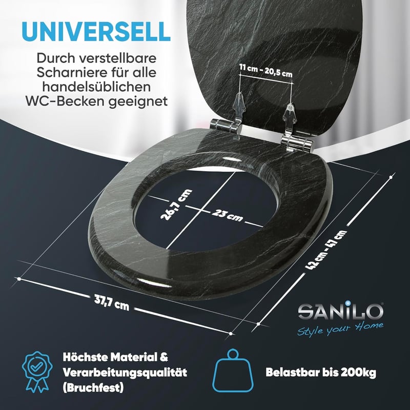 Sanilo Gránit WC Ülőke Ovális Fából - Puha Záródású Mechanizmus, Tartós Zsanérok, Rusztikus Stílus, Egyszerű Szerelés, 2 kg