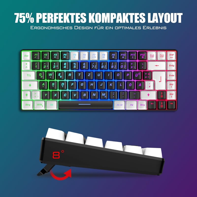 RedThunder 75% Vezeték Nélküli Gamer Billentyűzet és Egér Szett, DE TKL Elrendezés, Újratölthető, Ultrakönnyű 7200DPI Méhsejt Egér, PC/Mac/P