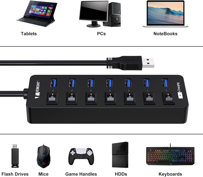 VEMONT 7 portos USB 3.0 hub aktív tápegységgel és intelligens töltőporttal