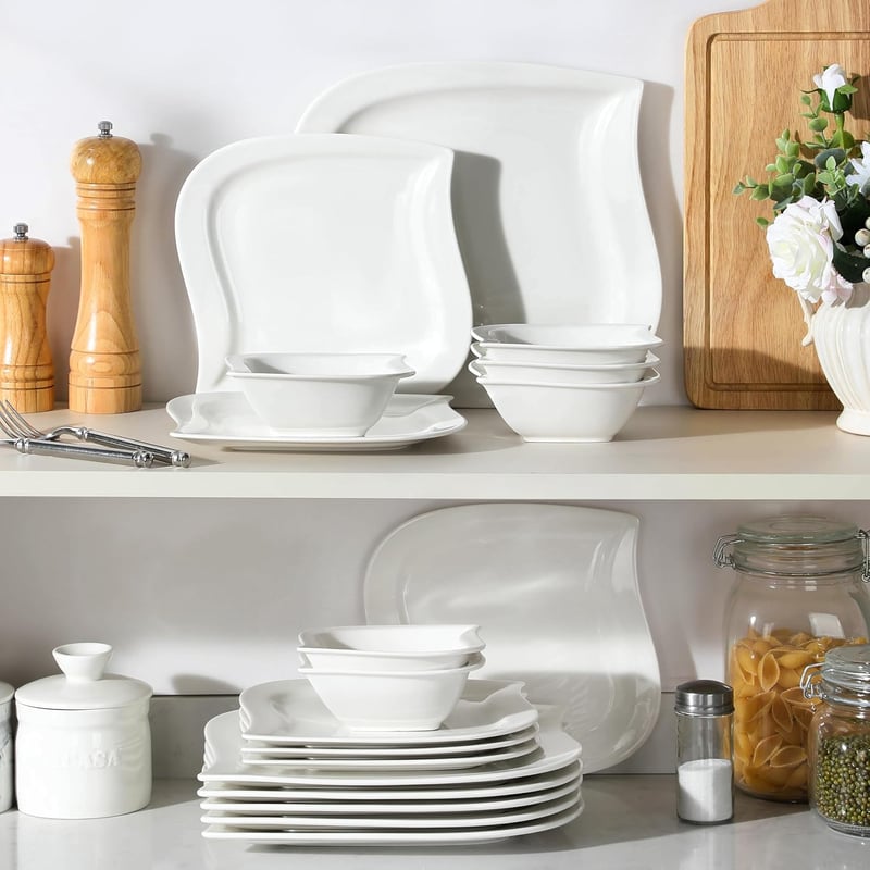 MALACASA Elvira 18 részes modern porcelán étkészlet 6 személyre - krémfehér tányérkészlet főétkezéshez, desszerthez és müzlihez, mosogatógép