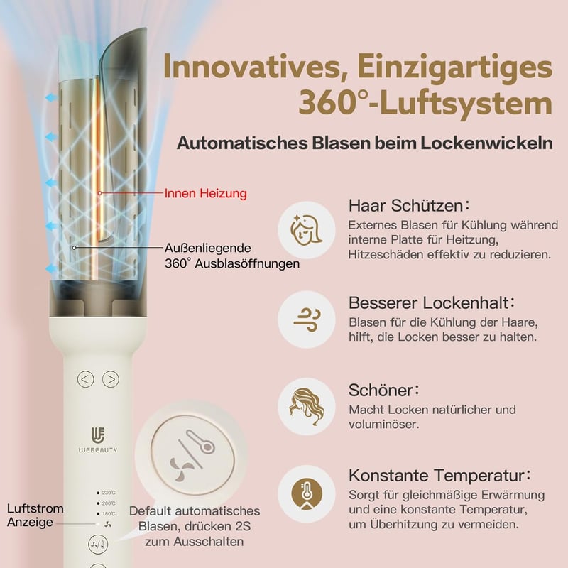 Webeauty Automata Hajgöndörítő - Légáramlásos, Égésvédett, 180°-230°C, Kerámia, 34mm