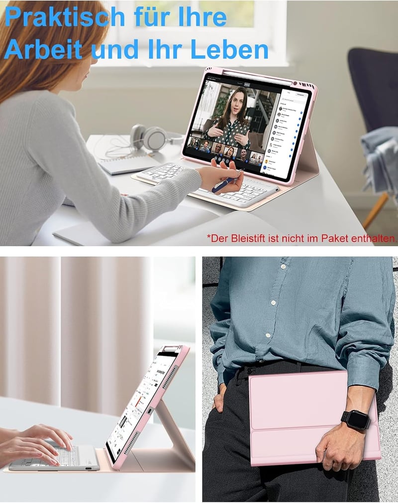 FOGARI iPad Air 13 M2/Pro 12.9 Billentyűzetes Tok - Mágneses Bluetooth Német Billentyűzet, Levehető, 3 Állítási Szög, 230 Óra Üzemidő, Rózsa