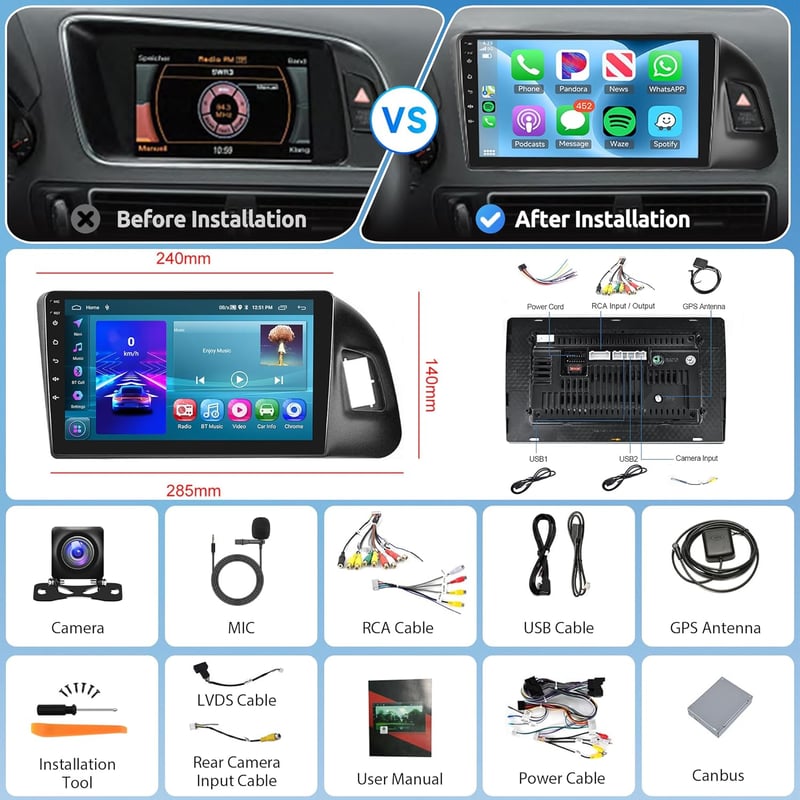 Wireless Carplay Android 13 Autórádió 2 DIN Audi Q5 2010-2018 - 9" GPS Navigáció, WiFi, Bluetooth, 2GB+64GB, Kormányvezérlés