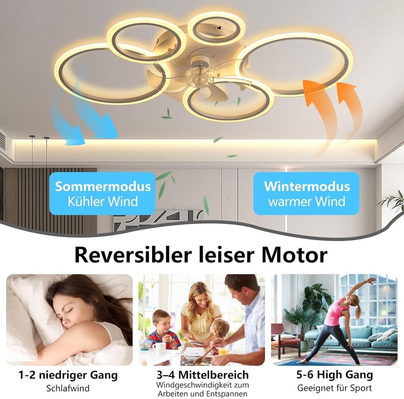 MiiR LED Mennyezeti Ventilátor Világítással - 145W, 3 Színhőmérséklet, 6 Sebesség, Távirányítóval és Applikációval, Fehér, Hálószobába, Napp
