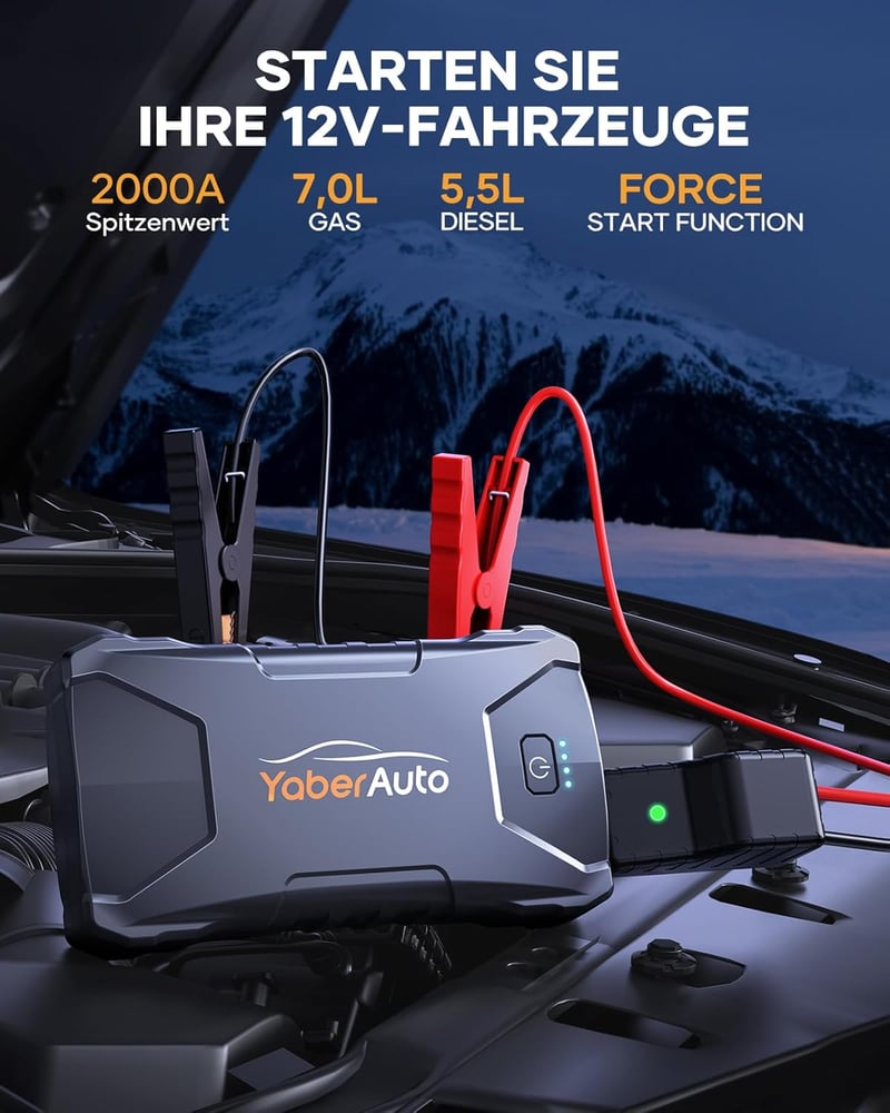 Yaber 2000A Autós Indításrásegítő Powerbank 7L Benzin/5,5L Dízel Motorokhoz, LED Lámpával