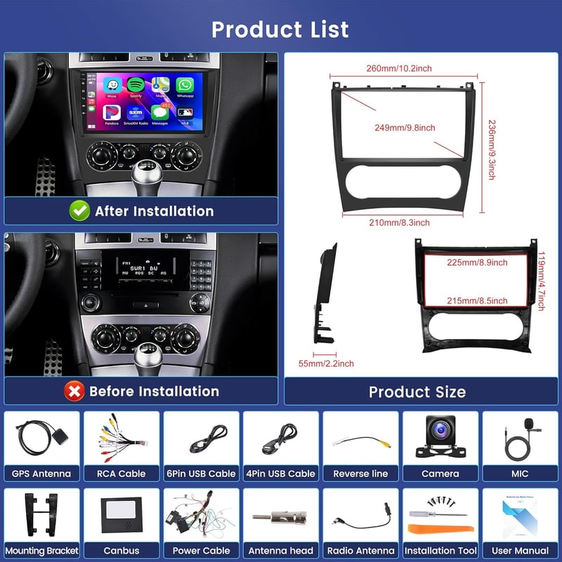 Rimoody 9" Android 13 Autórádió Mercedes Benz C/GLK osztályhoz (W203 W209 C180 C200) - 4G+64GB, WiFi, Bluetooth, GPS Navigáció, 2004-2011 mo