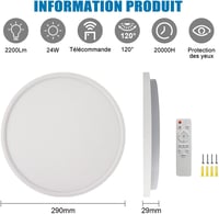 EXTRASTAR LED Mennyezeti Lámpa 24W - Kerek Ø29cm Távirányítós Dimmelhető Világítás 3000K-6500K 2200lm - Nappali, Hálószoba, Konyha, Erkély 6